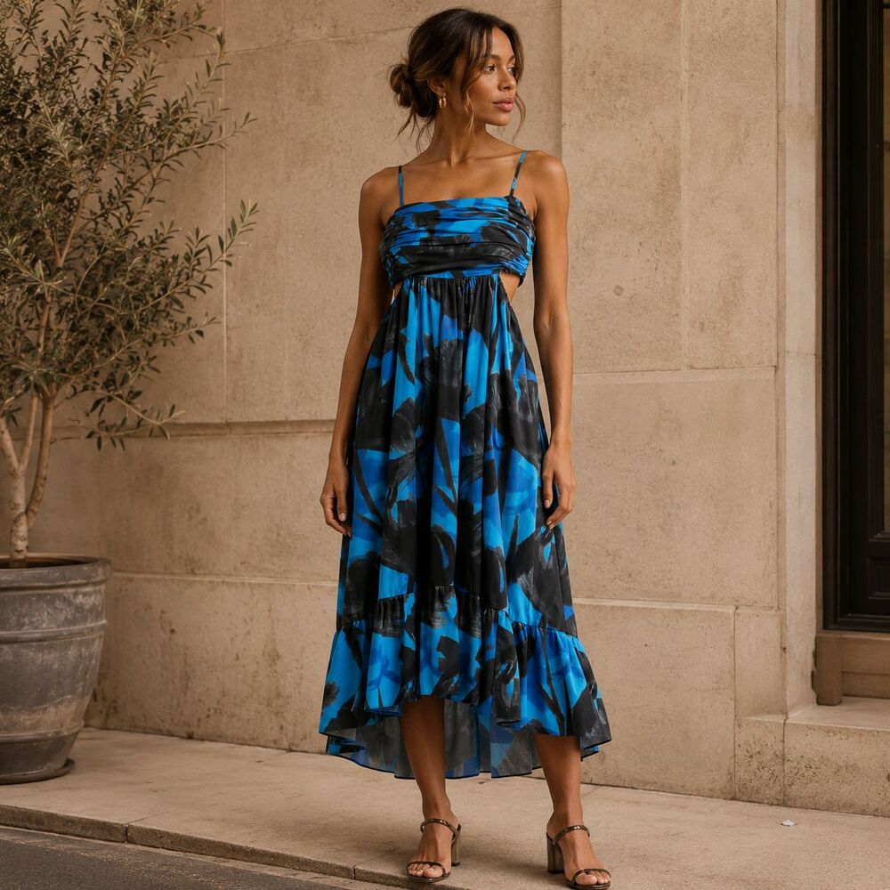 ANTHROPOLOGIE HUTCH Mabel New Midi‎ Dress Blue Black SMALL Floral Cotton Cutout